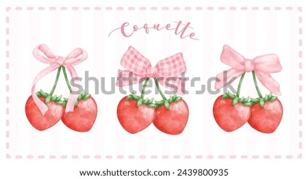 group of Coquette Strawberries with pink ribbon bow banner, aesthetic watercolor hand drawing