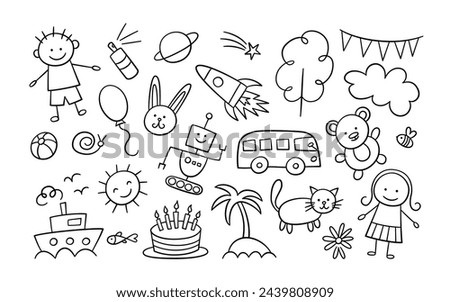 Children sketch drawing. Kid doodle elements. Boy, girl and robot. Big bus and sea ship. Toy bear and rabbit. Cute cat and fish. Vector illustration on white background.