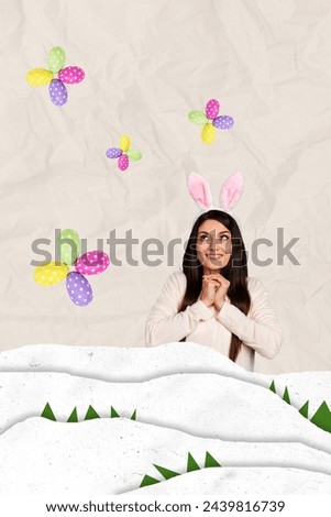 Vertical photo collage of happy christian girl bunny ears pray easter egg atmosphere spring religion isolated on painted background