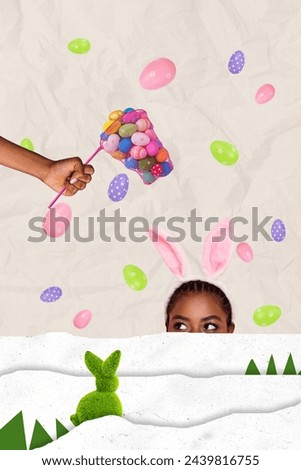 Vertical photo collage of young american girl peek hand hold net easter egg hunt game topiary bush bunny isolated on painted background