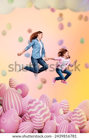 Creative vertical collage picture young happy carefree woman jump preteen kid painted decorated eggs pink colorful symbol tradition