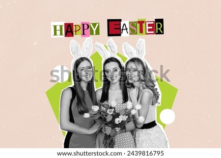 Creative photo collage of three girls sisters family day holiday tulips easter bunny ears gather tradition isolated on colorful background
