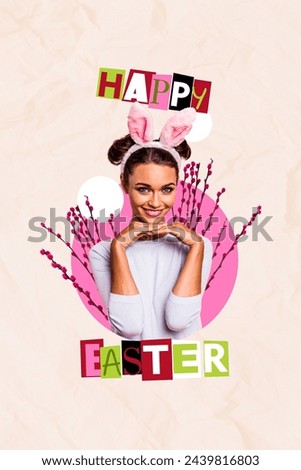 Vertical photo collage of happy girl wear bunny ears pink willow branch easter greeting atmosphere spring isolated on painted background