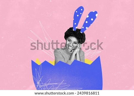 Creative photo collage of happy american girl bunny ears peek broken easter egg shell atmosphere spring isolated on painted background
