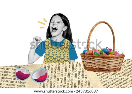 Creative collage photo picture screaming kid preteen girl basket decoration easter egg cracked shell book page cutout celebration concept