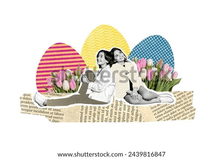 Creative collage picture young two besties sitting dreaming gentle flowers tulips garden eggs easter celebration concept