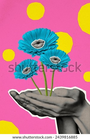 Vertical creative collage picture human arms hold blue daisy flower blossom caricature woman lips kisses drawing background