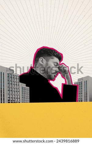 Vertical photo image collage young man feel bad headache migraine pain exhausted worker office building city urban buildings
