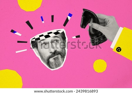 Collage picture of senior man pensioner playing chess moving horse figure winning competition isolated on painted background