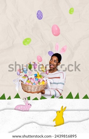Vertical photo collage of happy american girl hold basket hamper easter egg bunny figurine spring snow melt isolated on painted background
