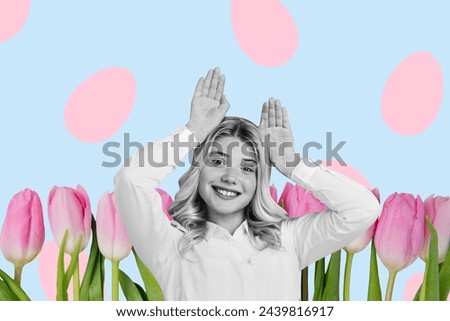 Composite photo collage of cute teenage girl show bunny ears hands flowers tulips bloom field easter egg isolated on painted background