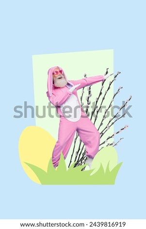Vertical photo collage of funny granny wear bunny costume dance sunglass easter egg willow flowers spring isolated on painted background