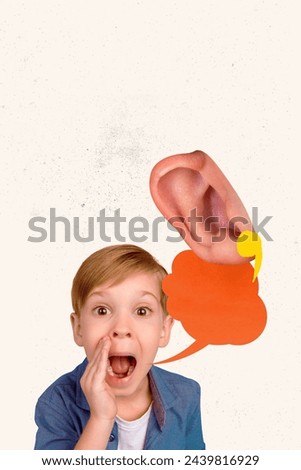 3D photo collage trend artwork composite sketch image of small boy school age share news gossip rumors to friend huge ear listen Royalty-Free Stock Photo #2439816929