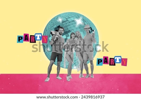 Photo collage artwork minimal picture of smiling buddies enjoying outdoors party together isolated graphical background