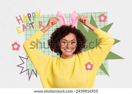 Brochure collage of cheerful attractive pretty happy woman enjoy easter celebration theme party costume isolated on drawing background