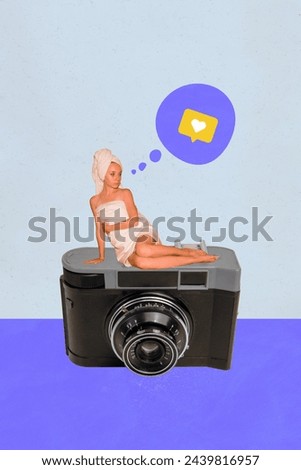 Magazine collage picture of lady tacking blog photo after shower isolated blue color background