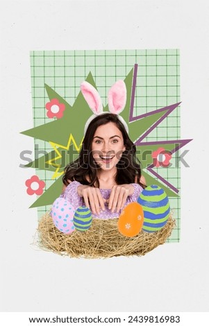 Picture collage artwork of cheerful lovely girl sitting nest handmade colored painted eggs traditional symbol paska on drawing background