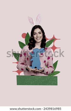 Artwork picture collage of lovely cheerful girl hold bunny rabbit animal traditional handicraft symbol isolated on creative background
