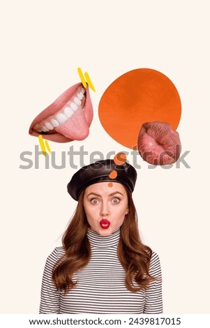 Composite trend artwork sketch image 3D photo collage of young attractive lady have gossip conversation with friend huge lips mouth fly Royalty-Free Stock Photo #2439817015