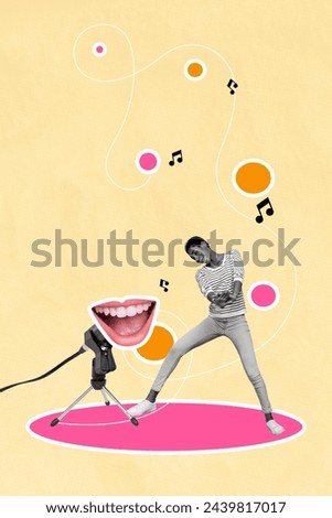 Creative abstract template collage of dancing young girl have fun mouth sing microphone karaoke weird freak bizarre unusual fantasy