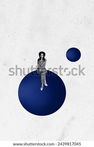 Vertical creative collage poster sitting stylish young girl depressed no emotions upset apathy lonely huge circle drawing background