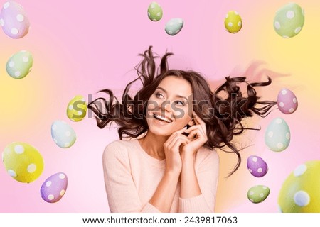 Creative collage picture young happy cheerful beautiful woman easter springtine holiday celebration decorated eggs drawing background