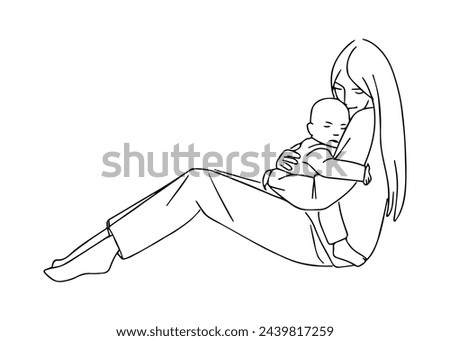 Happy Mother day card. Continuous line drawing. Woman hold her baby. Vector illustration.