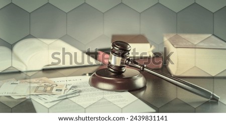 Judge gavel with contract and cash money (random english dummy text used), geometric pattern