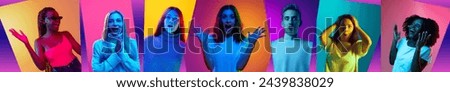 Surprised, delighted people. Group of diverse men and women posing and expressing positive emotion over multicolored background. Concept of human emotions, youth, lifestyle, business, job fairs and ad