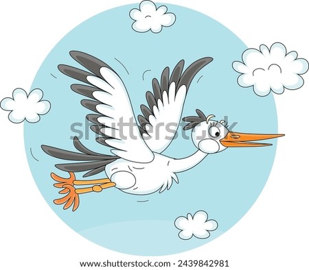 Funny cartoony stork flying among white clouds in the blue sky, vector cartoon illustration