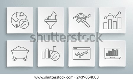 Set line Coal mine trolley, Sales funnel with chart, Financial growth, Graph infographic, Laptop, Search data analysis,  and  icon. Vector