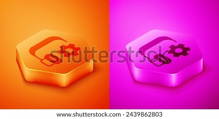 Isometric Headphones with settings icon isolated on orange and pink background. Support customer service, hotline, call center, faq, maintenance. Hexagon button. Vector