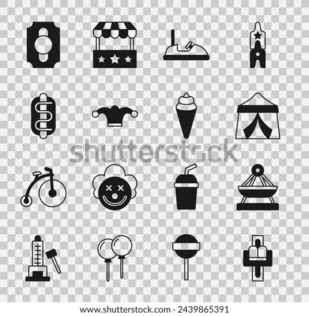 Set Attraction carousel, Boat swing, Circus tent, Bumper, Jester hat with bells, Hotdog sandwich, ticket and Ice cream waffle cone icon. Vector Royalty-Free Stock Photo #2439865391
