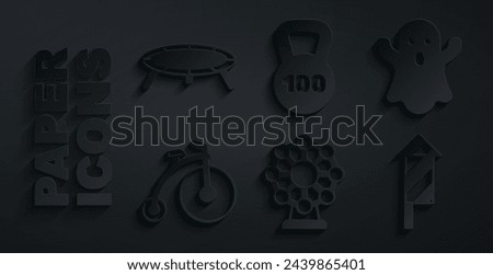 Set Ferris wheel, Ghost, Vintage bicycle, Firework rocket, Weight and Jumping trampoline icon. Vector