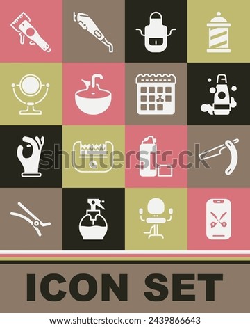 Set Barber online service or platform, Straight razor, Bottle of shampoo, apron, Washbasin, Round makeup mirror, Electrical hair clipper and Calendar with haircut day icon. Vector