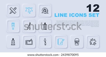 Set line Paint bucket, spray, brush, Notebook, Graphic tablet, Bezier curve and Palette knife icon. Vector