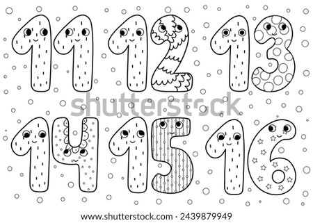 Cute black and white numbers characters 11-16 for kids. Collection of happy numbers in outline for coloring. Educational clipart set. Eleven, twelve, thirteen and others. Vector illustration