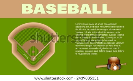 Baseball brochure with baseball filed, hat, bat, ball and glove, vector illustration