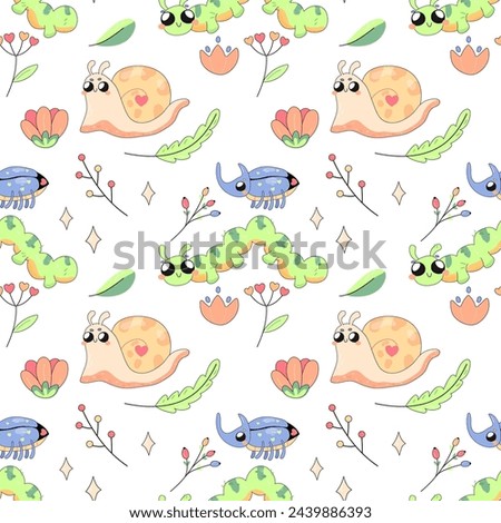 Seamless pattern, cute simple bugs, snail, insects cartoon baby, on white background for fabric, wrapping paper, wallpaper