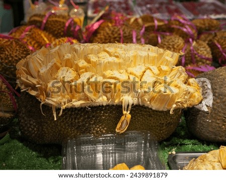 Closeup shot of the delicious durian fruit in a local Chinese market. Taken with a medium format camera.