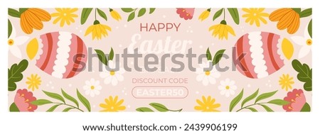 Easter sale horizontal banner template for promotion. Design with  two painted eggs, floral elements, symmetrical composition. Hand drawn flat vector illustration Royalty-Free Stock Photo #2439906199