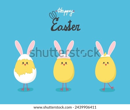 Three cute chicks with bunny ears happy easter. Vector illustration of a banner of funny chickens in the shape of an egg.