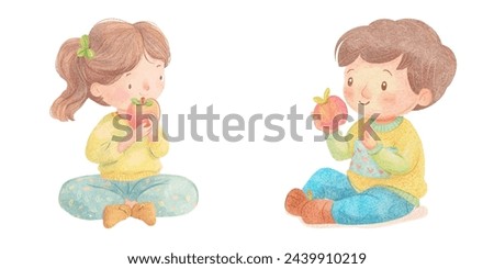 cute kid eating apple watercolour vector illustration 