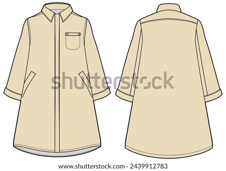 Women Tunic shirt dress design with collar flat sketch fashion illustration with front and back view, Long Sleeve Kurtha shirt dress cad technical drawing vector template Royalty-Free Stock Photo #2439912783