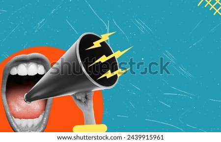 A screaming mouth in a megaphone on a blue background with space for copy. Modern design, modern art collage. Inspiration, idea, style of a contemporary urban magazine. Negative space for advertising. Royalty-Free Stock Photo #2439915961