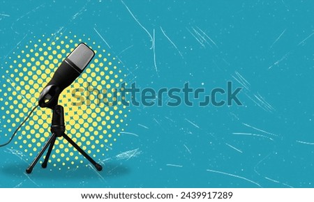 Art collage, microphone on blue background with space for text or advertisement. Concept of interview and advertisement.