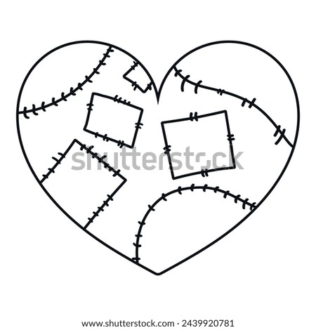 Heart with patches. Heart healed and mended with stitches. Monochrome heart decoration. Vector illustration