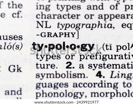 Closeup of the word typology in the dictionary