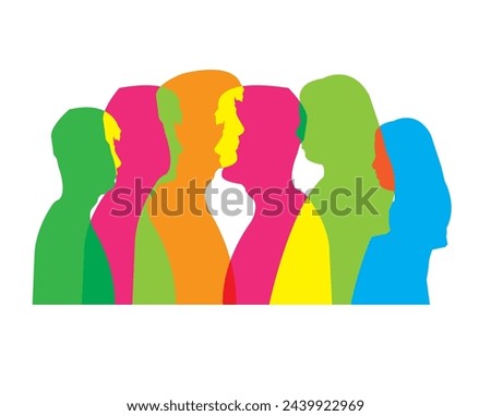 Silhouette heads faces in profile of multiethnic and multicultural people. Psychology and psychiatry concept.Heads Faces Colored Silhouettes.