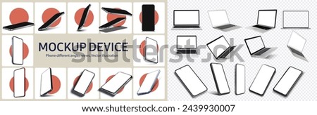 Smartphone frame less blank screen, rotated position. Collection of smartphone and laptop mockup blank screen isolated with clipping path on white background. Vector illustration